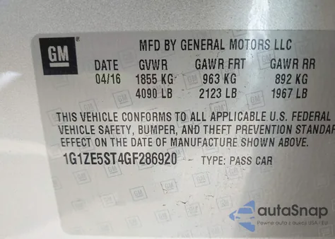 2016 Chevrolet Malibu 1Lt from USA, damaged, VIN 1G1ZE5ST4GF286920